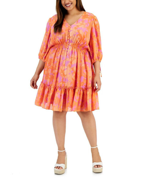 Plus Size Printed Smocked-Waist Tie-Sleeve Dress