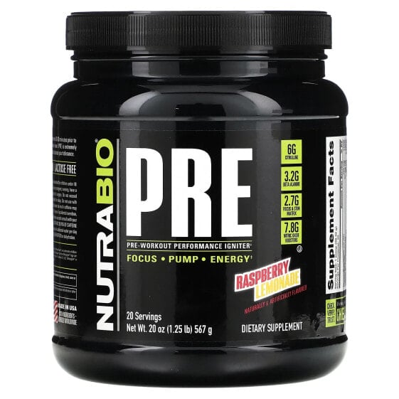 NutraBio, PRE-Workout Performance Igniter, малиновый лимонад, 567 г (1,25 фунта)