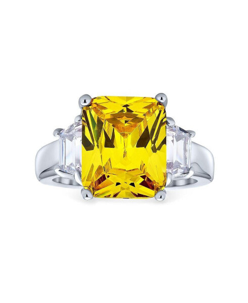 Sterling Silver 8CTW Canary Yellow AAA CZ Rectangle Emerald Cut Cocktail Statement Engagement Ring Cubic Zirconia Baguette Side Stones