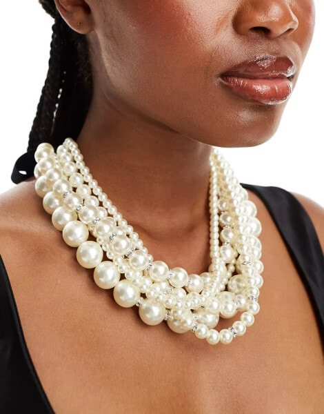 ASOS DESIGN necklace with multirow faux pearl and ribbon detail