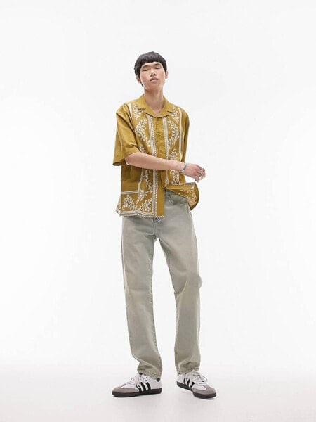 Topman short sleeve relaxed revere boarded embroidered shirt in yellow