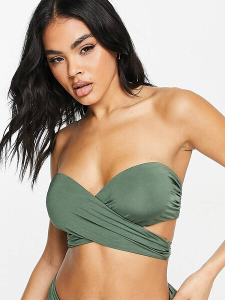 ASOS DESIGN wrap front bandeau bikini top in khaki