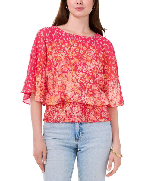 Women's Floral-Print Smocked-Waist Flutter-Sleeve Top