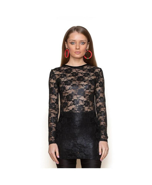 Women's Long Sleeve Black Mystique Metallic Stretch Lace Tunic