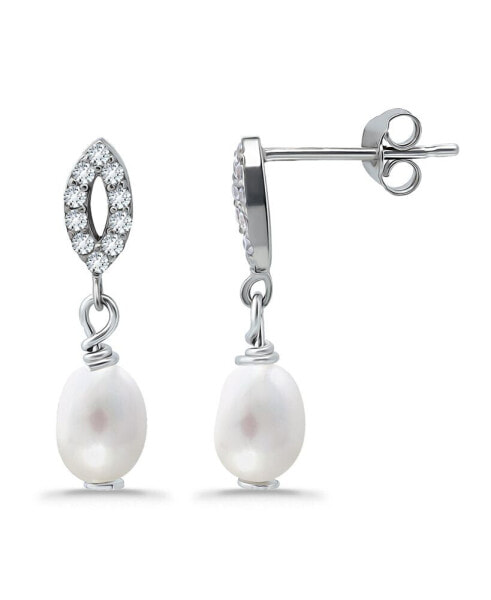 White Oval Cultured Pearl and Pave Cubic Zirconia Drop Earring