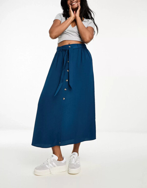 ASOS DESIGN button through midi skirt with tie waist in navy