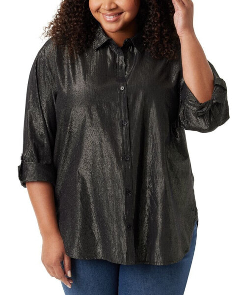 Plus Size Metallic-Threaded Amanda Button-Down Collared Shirt
