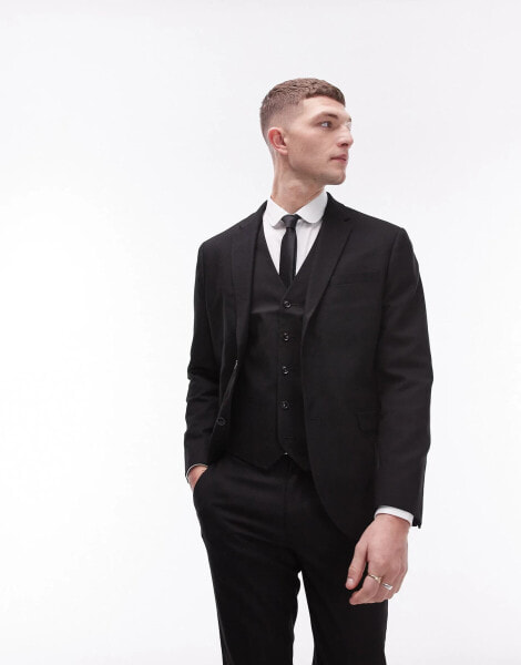 Topman skinny textured suit jacket in black