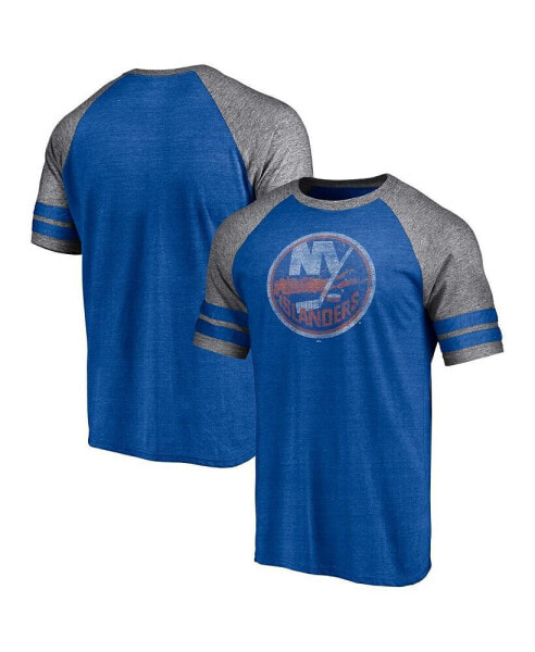 Men's Heather Royal New York Islanders Two-Stripe Raglan Tri-Blend T-shirt