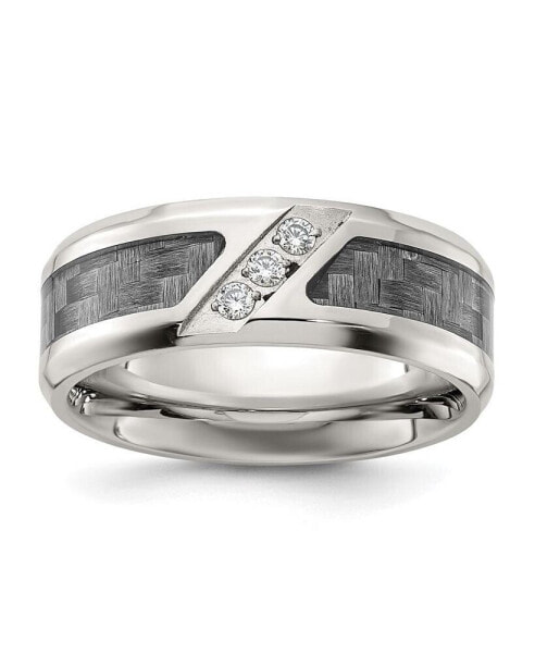 Stainless Steel Polished Gray Fiber Inlay CZ 8mm Band Ring