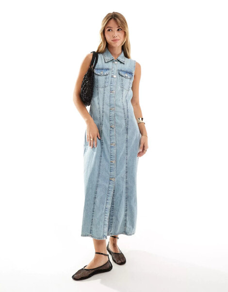 Vero Moda button front sleeveless maxi dress in vintage denim blue