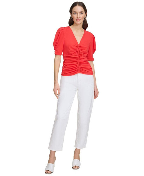 Women's V-Neck Ruched Knit Elbow-Sleeve Top