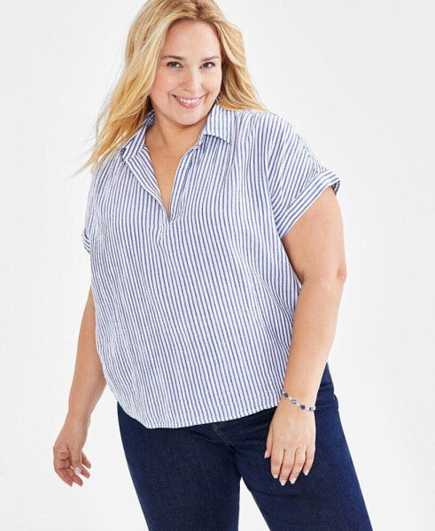 Plus Size Striped Gauze Camp Shirt, Created for Macy's