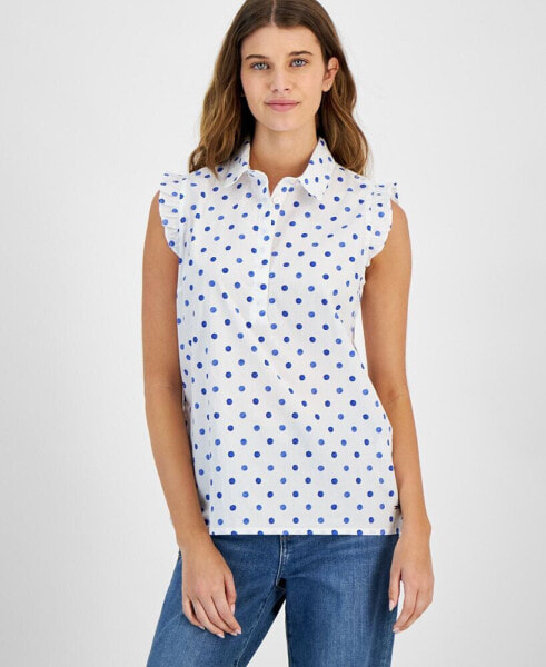 Women's Cotton Dot-Print Ruffled-Trim Top