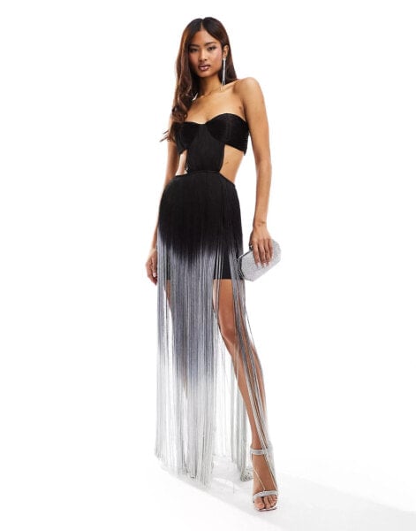 ASOS DESIGN bandeau fringe maxi dress with cut out detail in ombre