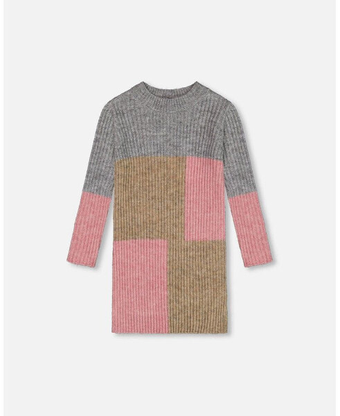 Toddler Girls Colorblock Sweater Dress Gray, Golden And Pink - Toddler|Child