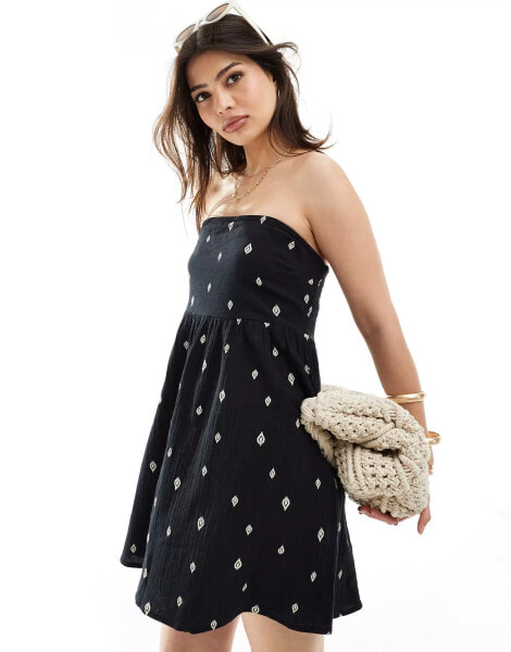 ONLY cotton bandeau mini dress with leaf print in black