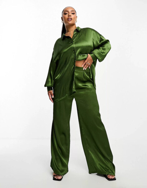 In The Style Plus exclusive satin textured wide leg trousers co-ord in khaki