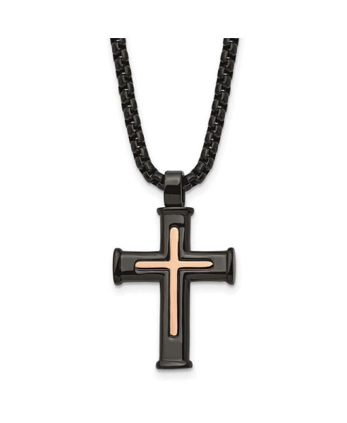 Black and Rose IP-plated Cross Pendant Box Chain Necklace
