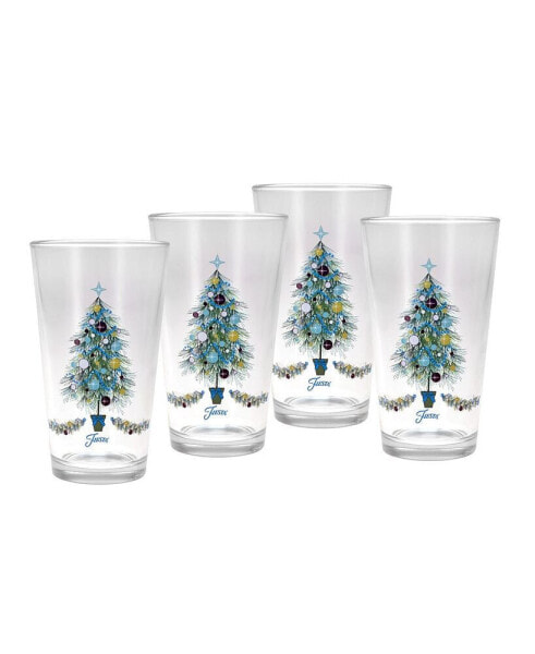 Blue Christmas Tree Tapered Cooler 4 Piece Glass Set, 16 oz