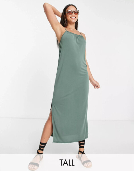 Vero Moda Tall lightweight midi cami dress with tie back in khaki