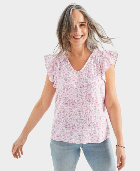 Women's Printed Cotton Gauze Flutter Sleeve Top, Created for Macy's