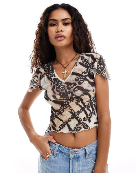 Reclaimed Vintage mesh top with shoulder detail in leopard print