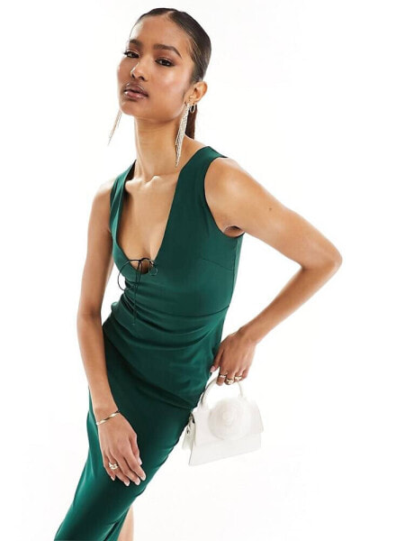 Vesper exclusive bow tie detail bodycon midaxi dress in forest green