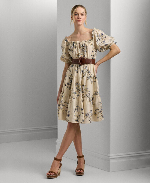 Women's Floral Linen Tie-Neck Dress