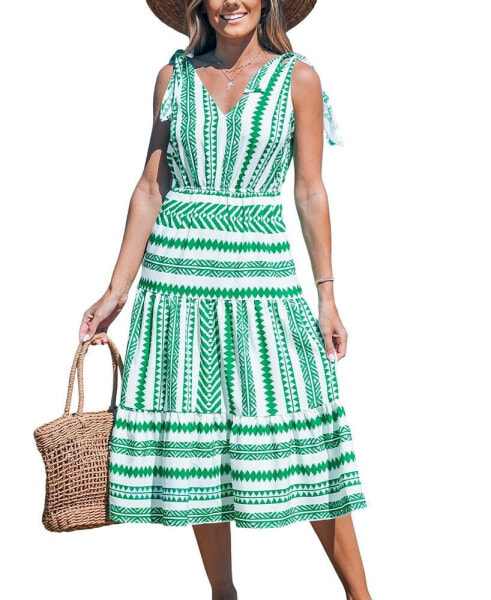 Women's Green & White Geo Stripe Shoulder Tie Midi Beach Dress