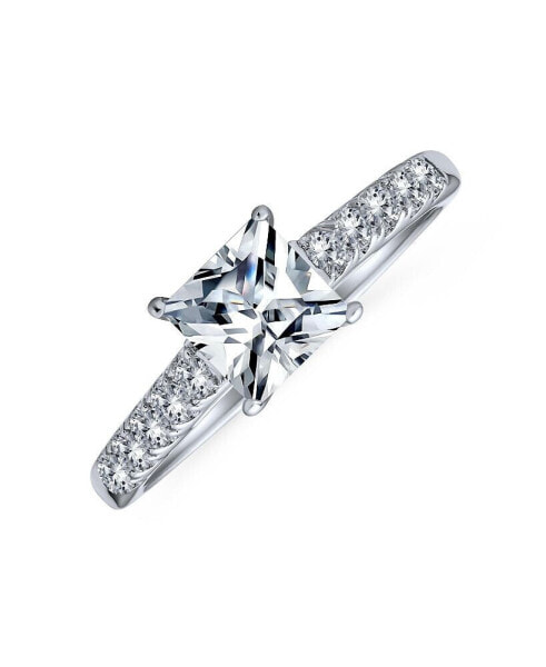 Timeless Classic Simple 1.5CT AAA CZ Square Princess Cut Solitaire Promise Engagement Ring Sterling Silver Cubic Zirconia Pave Side Stone Band