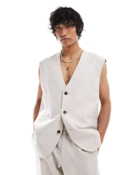 ASOS DESIGN longline waistcoat with linen in stone