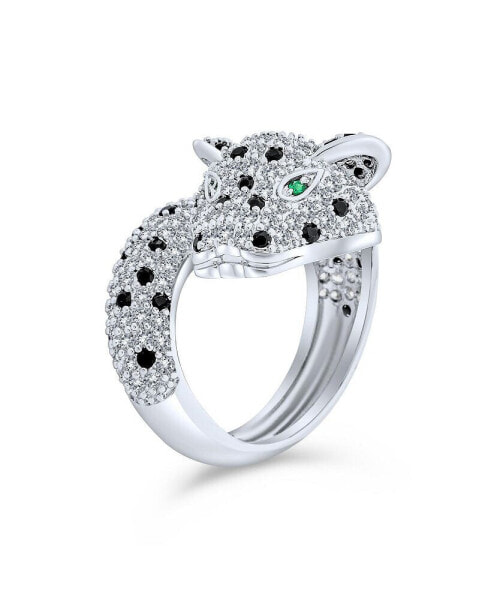 Green Eye Black White Cubic Zirconia CZ Fashion Leopard Panther Cat Statement Bypass Ring For Women Rhodium Plated Brass