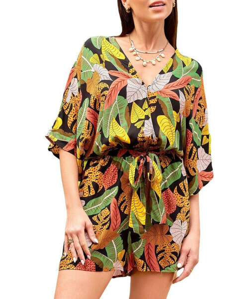 Women's Tropical Leaf Surplice Wide Leg Romper