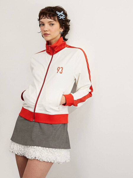 ASOS DESIGN zip up track jacket with 93 graphic in cream and red