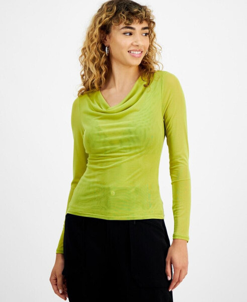 Women's Cowlneck Long-Sleeve Mesh Top, Created for Macy's