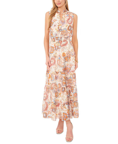 Women's Printed Tie-Neck Sleeveless Maxi Dress