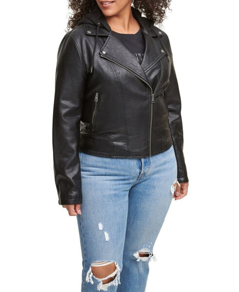 Plus Size Trendy Hooded Faux Leather Moto Jacket