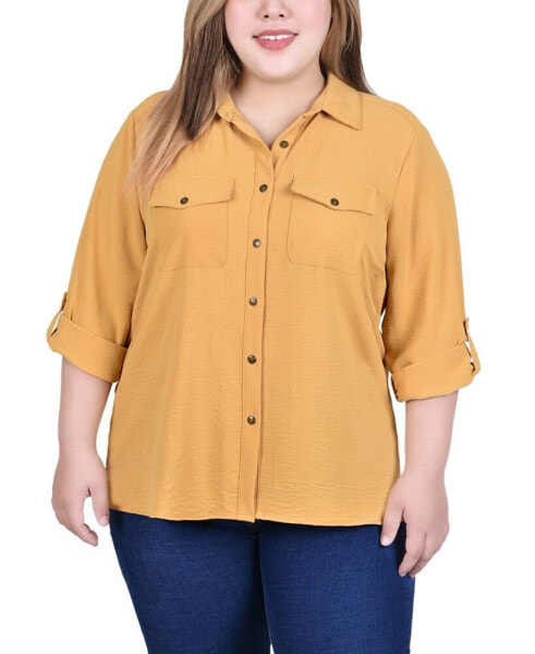 Plus Size Long Sleeve Roll Tab Blouse