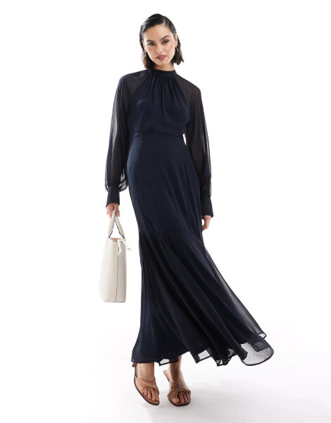 ASOS DESIGN high neck maxi dress with godet hem in navy