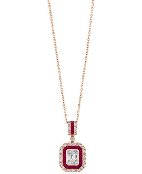 EFFY® Ruby (7/8 ct. t.w.) & Diamond (5/8 ct. t.w.) Baguette Cluster 18" Pendant Necklace in 14k Rose Gold