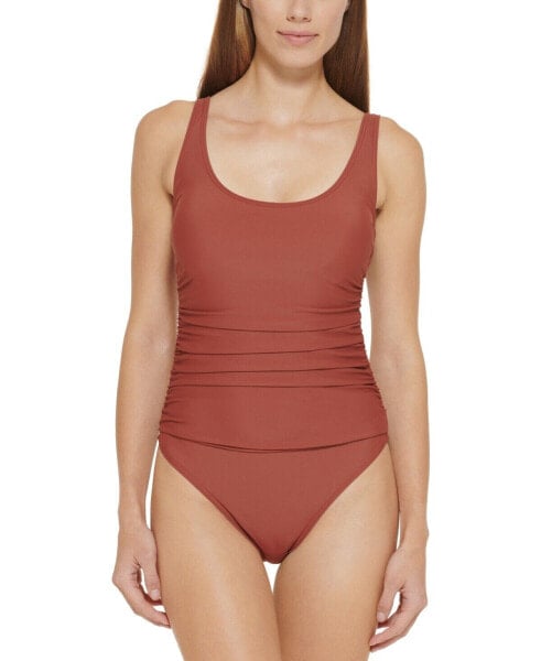 Dkny Women's Ruched Mesh-Contrast One-Piece Swimsuit Brown Size 8