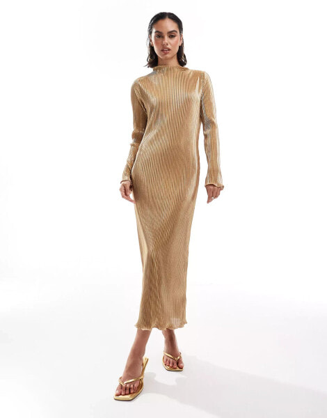 Never Fully Dressed high neck plisse maxi dress in gold