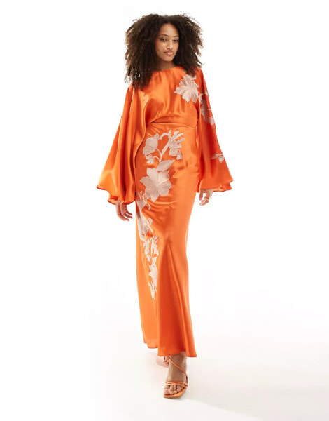 ASOS DESIGN exaggerated sleeve embroidered satin bias maxi dress in orange