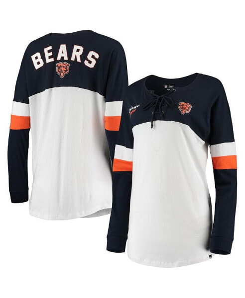 Women's White, Navy Chicago Bears Athletic Varsity Lace-Up V-Neck Long Sleeve T-shirt