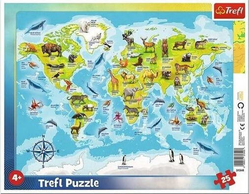 Trefl Puzzle 25 el. ramkowe Mapa świata ze zwierzętami