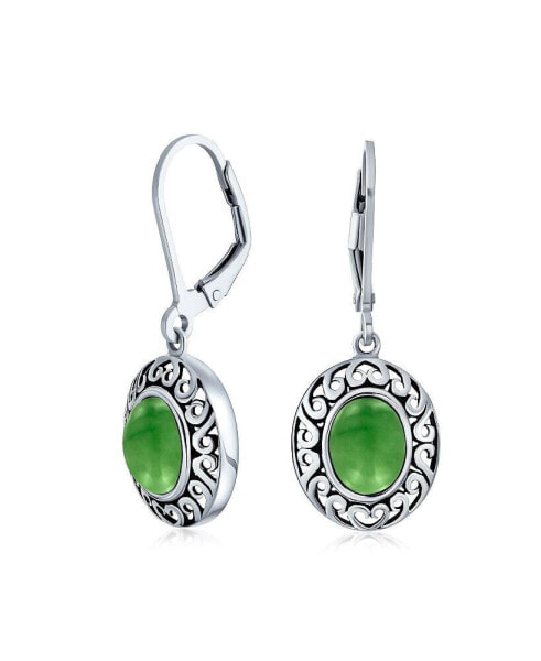 Western Style 3.2CT Dyed Natural Quartz Green Oval Bezel Set Lever Back Dangle Earrings For Women Sterling Silver