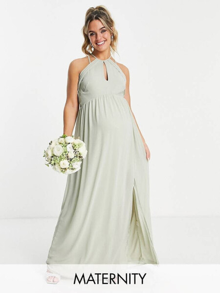 TFNC Maternity Bridesmaid strappy back halter neck dress in sage green