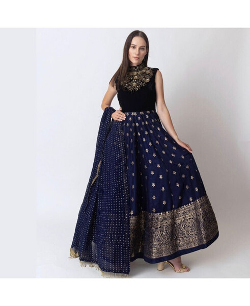 Women's Blue Anarkali Gown with Sequins and Cutdana Handwork on the Torso and Banarasi Jacquard Bottom