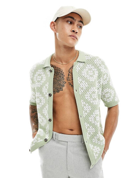 ASOS DESIGN knitted crochet button through polo in sage and ecru